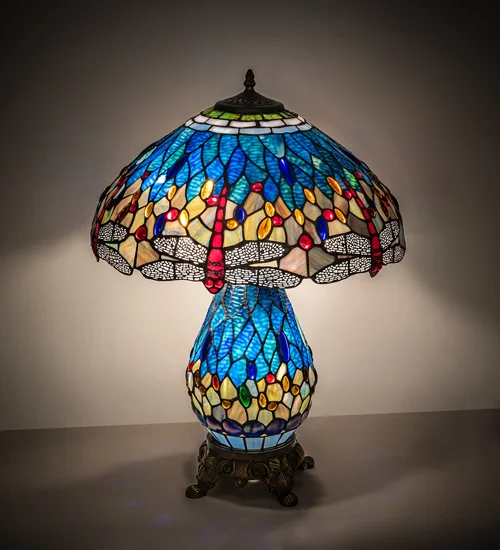 Dragonfly Table Lamp - Blue Stained Glass Lampshade 25" Tall