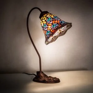 Tiffany Peacock Feather Desk Lamp - Stained Glass Lampshade - 18" Tall