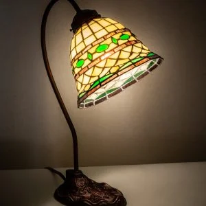 Beige Stained Glass Desk Lamp with Green Accents - 18" Tall